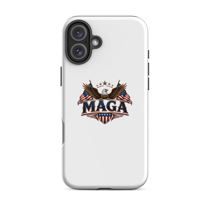 White MAGA eagle tough case for iPhone 16, vertical dual camera cutout