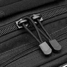 Close-up of the black tactical shoulder bag's dual zipper pulls