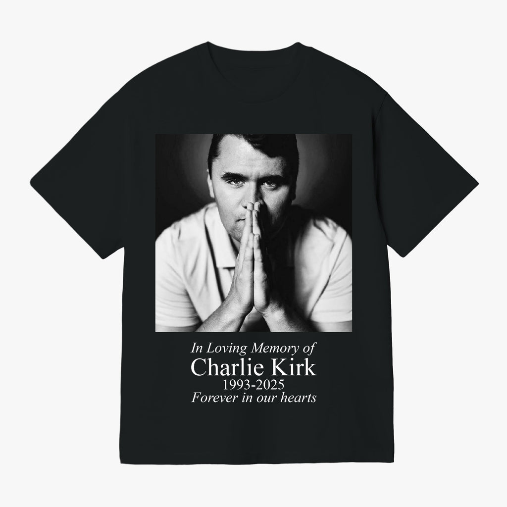 In Loving Memory Charlie Kirk black t-shirt, front print with photo and 1993-2025