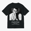 In Loving Memory Charlie Kirk black t-shirt, front print with photo and 1993-2025