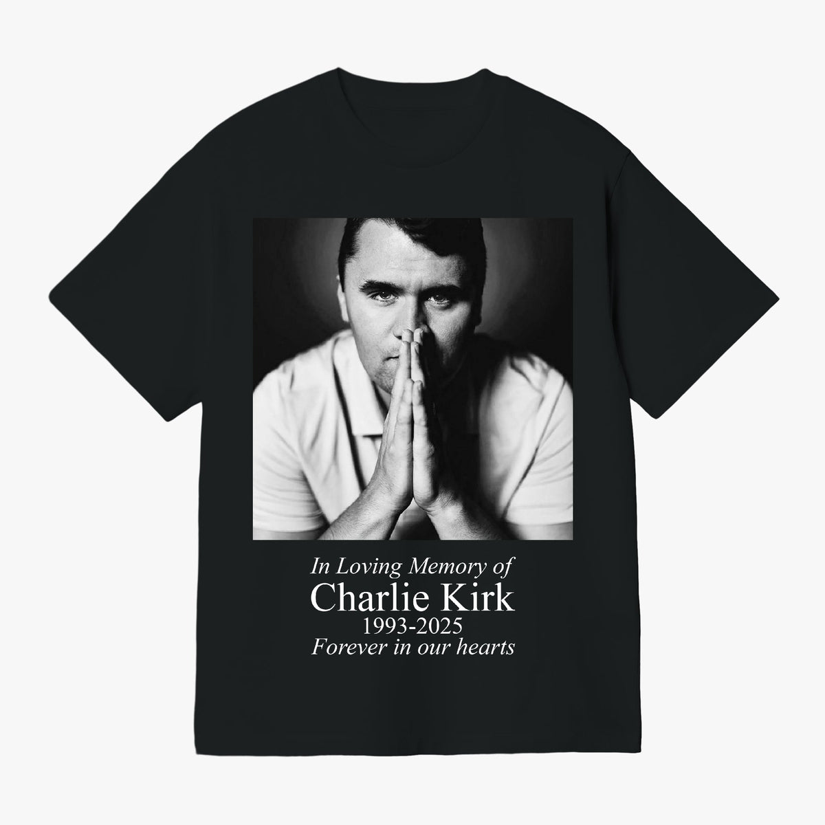 In Loving Memory Charlie Kirk black t-shirt, front print with photo and 1993-2025