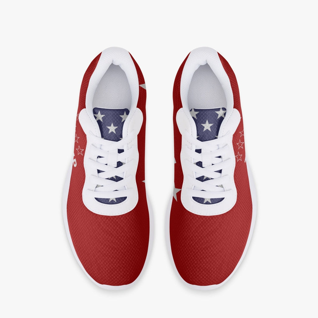 Top-down view of red Trump Victory sneakers 47 with white laces and star-print blue tongues
