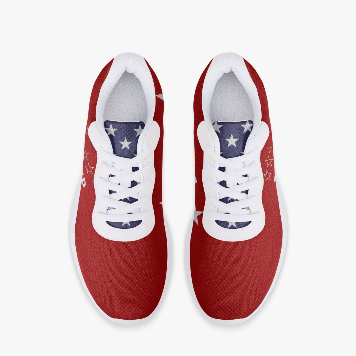 Top-down view of red Trump Victory sneakers 47 with white laces and star-print blue tongues