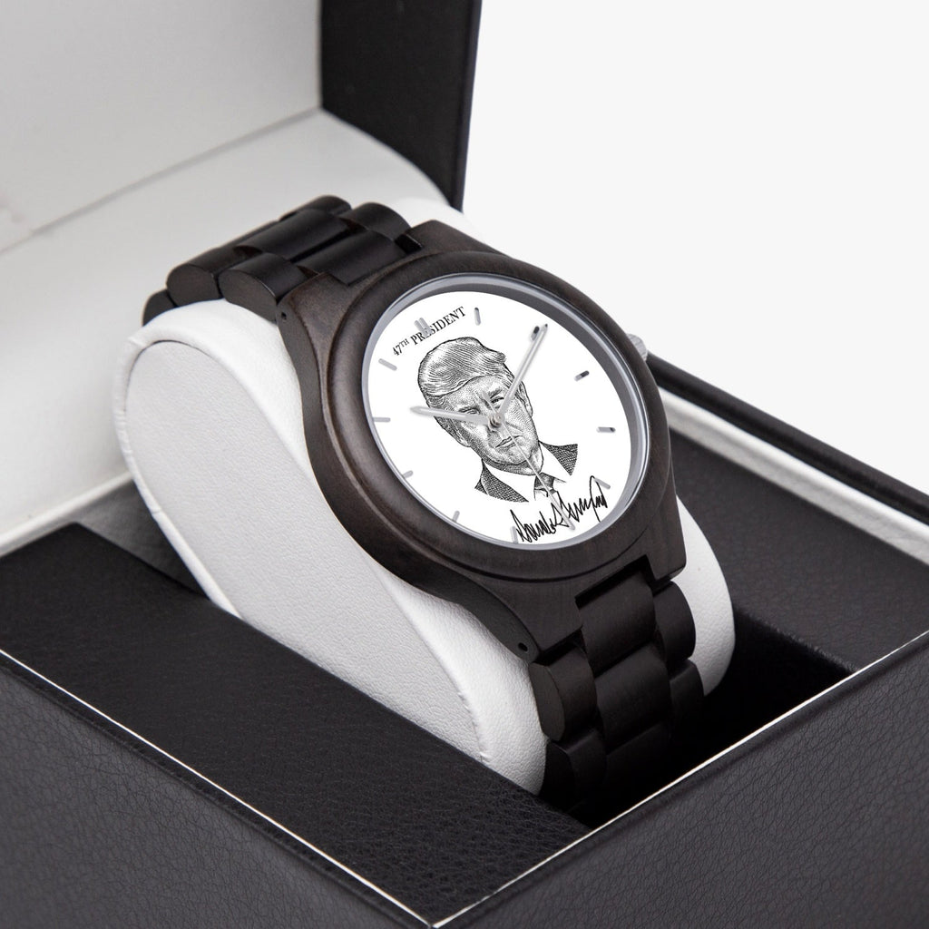 Victory Black Trump President 47 wooden watch in gift box, sketch portrait and signature dial