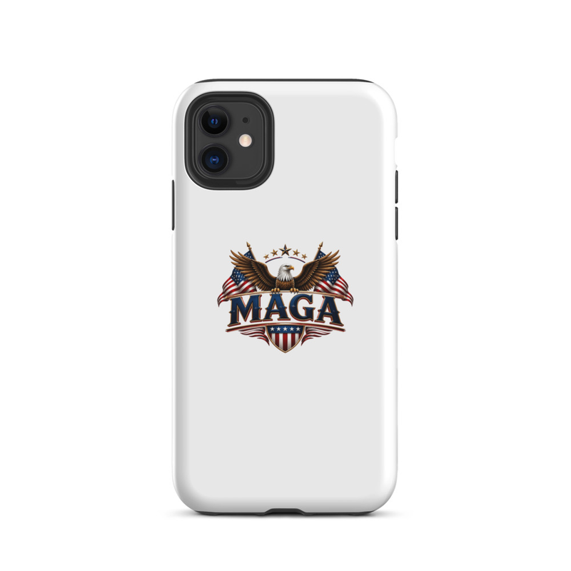 White MAGA eagle tough case for iPhone, dual camera cutout, back view