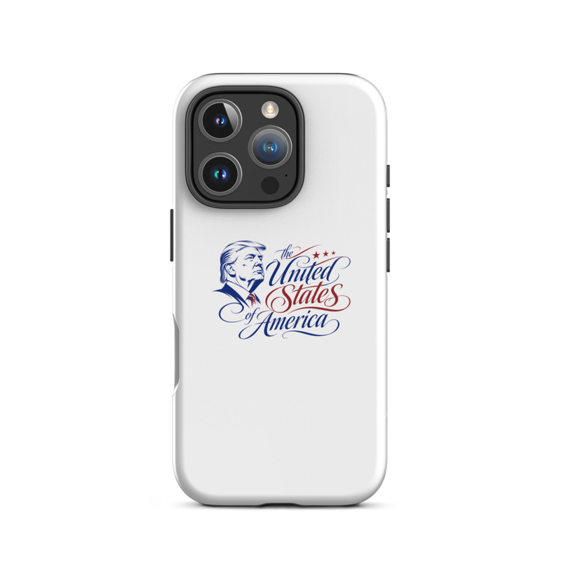 White tough iPhone case with Trump 'The United States of America' design, triple-camera cutout