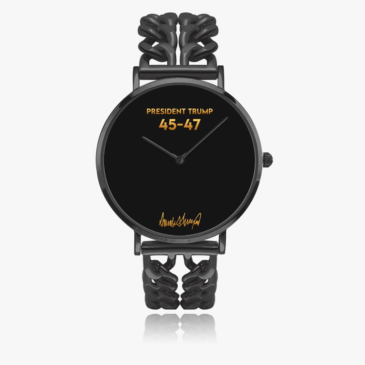 President Trump 45-47 all-black watch with chain-link strap, front view