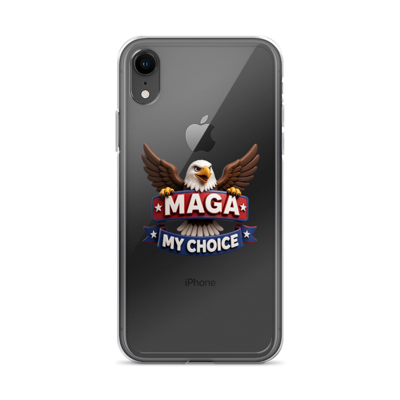 MAGA My Choice clear iPhone case with bald eagle design on a black iPhone XR