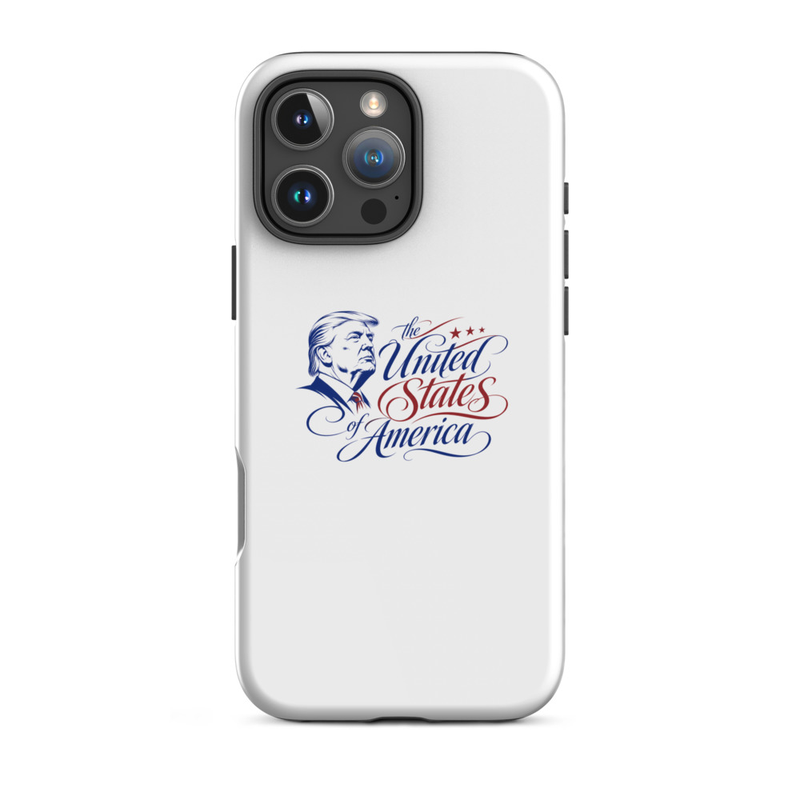 White tough iPhone case with Trump 'The United States of America' design, triple-camera cutout