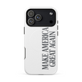 White MAGA MagSafe tough iPhone Pro Max case, gray Make America Great Again text, triple-camera back