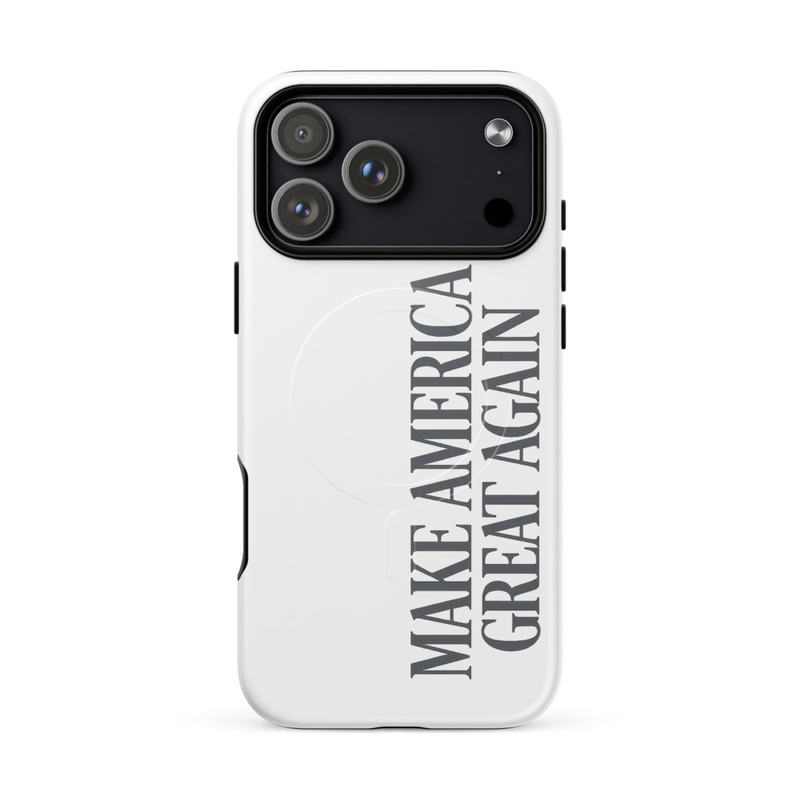 White MAGA MagSafe tough iPhone Pro Max case, gray Make America Great Again text, triple-camera back