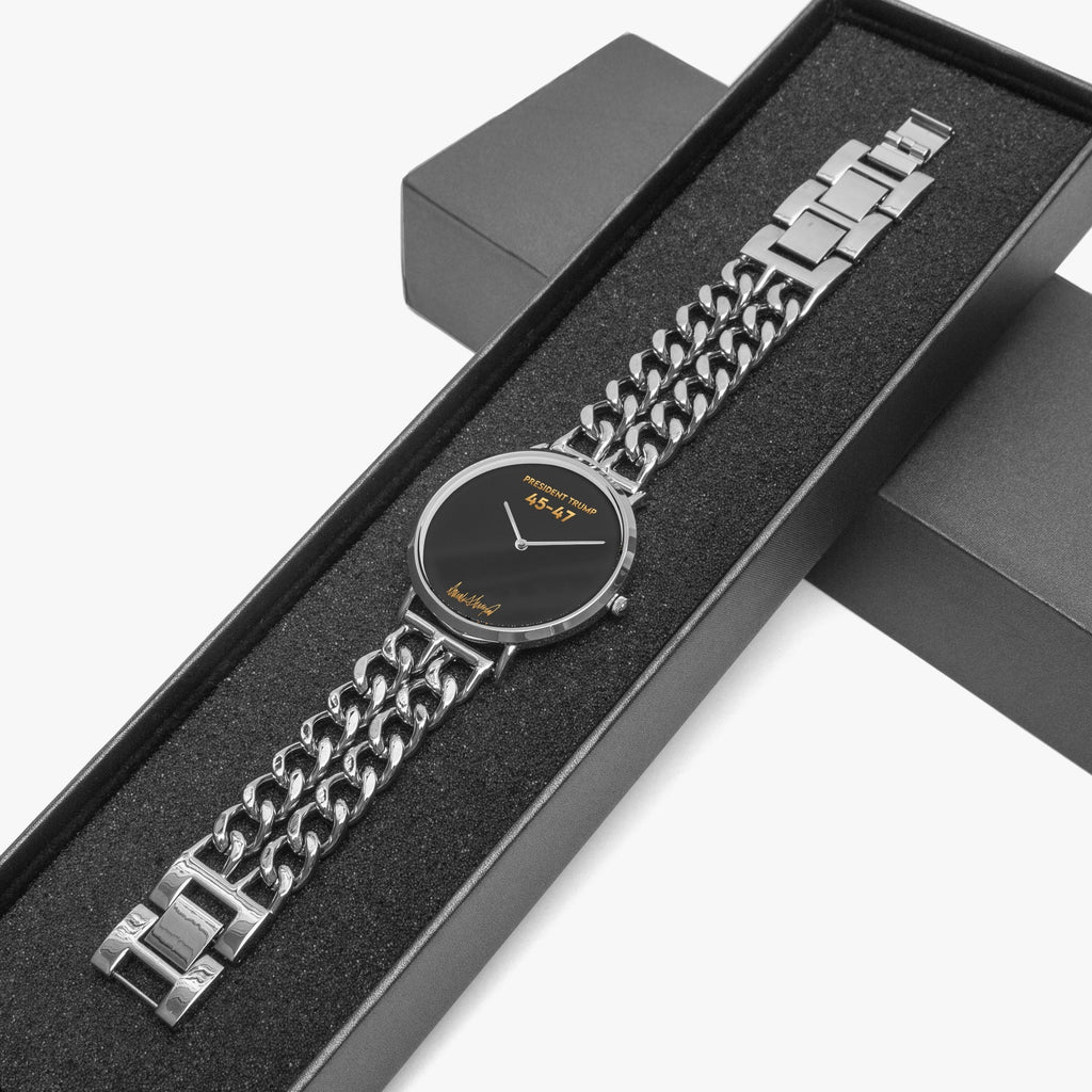 President Trump 45-47 silver watch resting on a black gift box