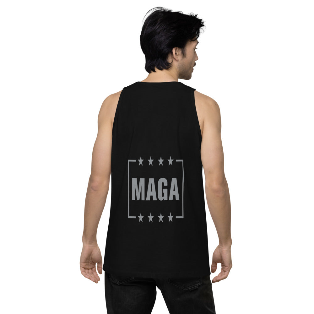 Man wearing black Eagle MAGA tank top, back view with framed MAGA print