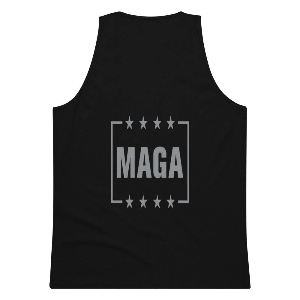 Black Eagle MAGA men's premium tank top, back print with framed MAGA and stars
