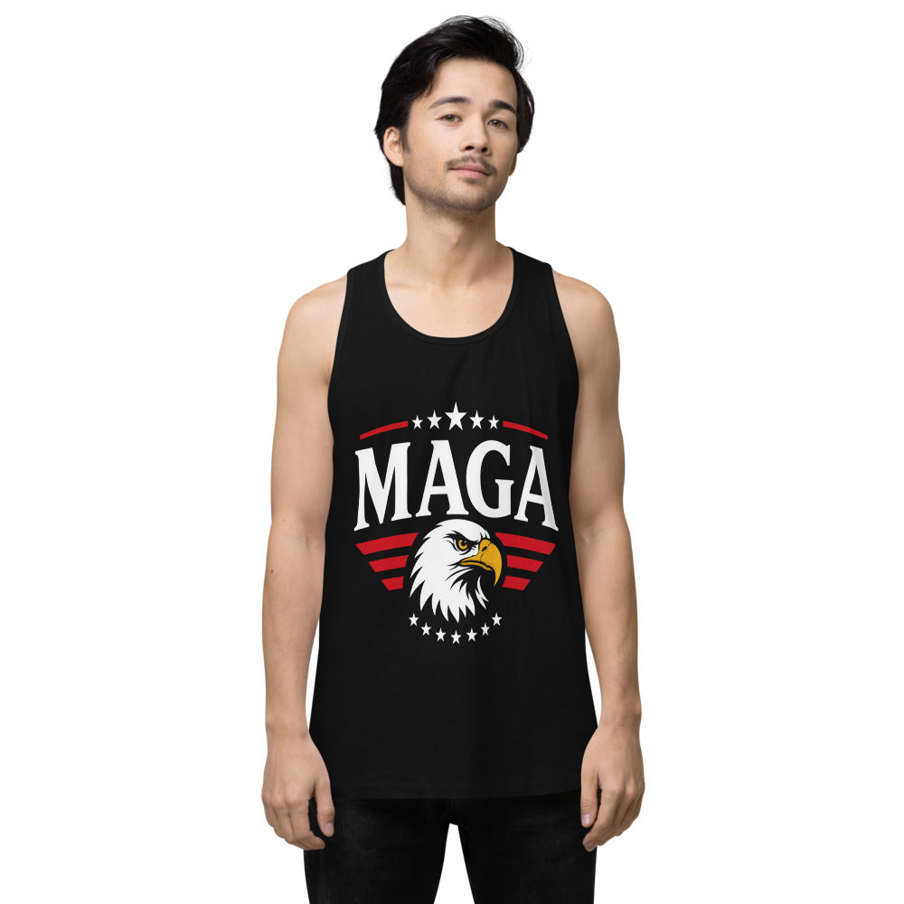 Man wearing black Eagle MAGA premium tank top with eagle and stars front print