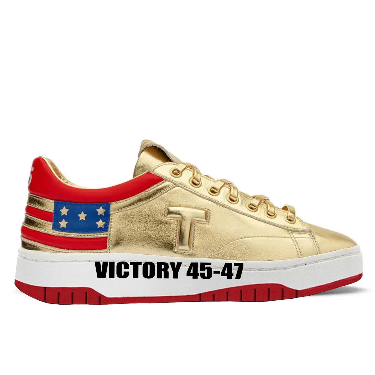 Gold Victory Sneakers with red sole, stars-and-stripes heel, T logo and VICTORY 45-47, side view