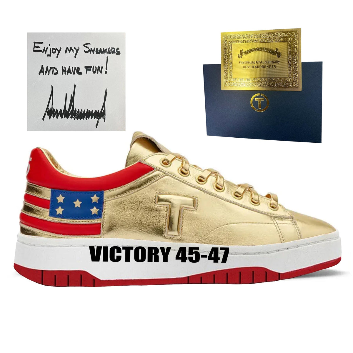 Gold Victory 45-47 Sneaker side view with Trump signature card and gold certificate of authenticity