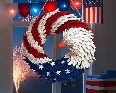 MAGA Brave Wings eagle wreath in red white and blue with flag bunting and fireworks