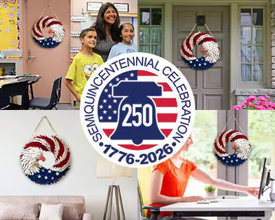 MAGA Brave Wings Wreath shown in home and door settings with 1776-2026 Semiquincentennial seal