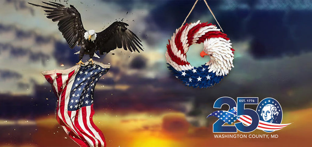MAGA Brave Wings patriotic eagle wreath beside a bald eagle and American flag at sunset