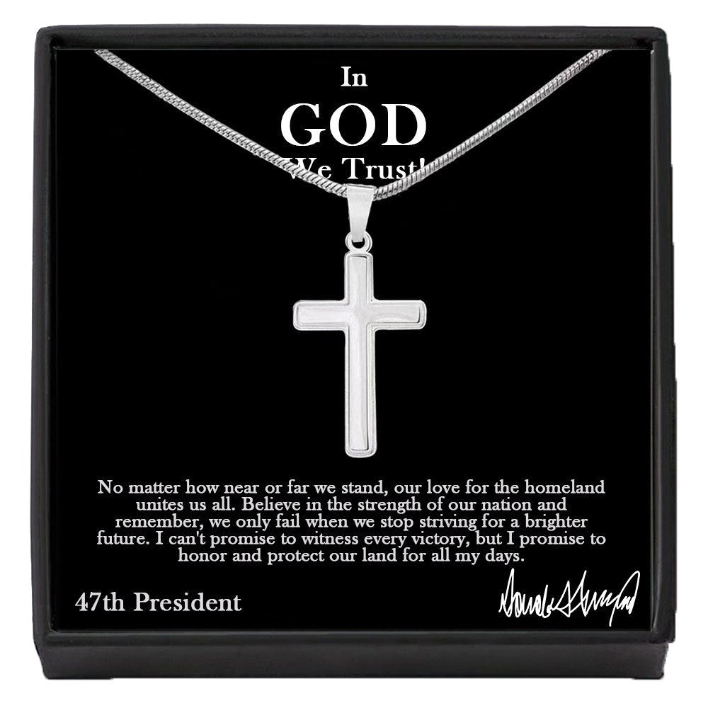 47th President In God We Trust silver cross necklace on black message card in gift box