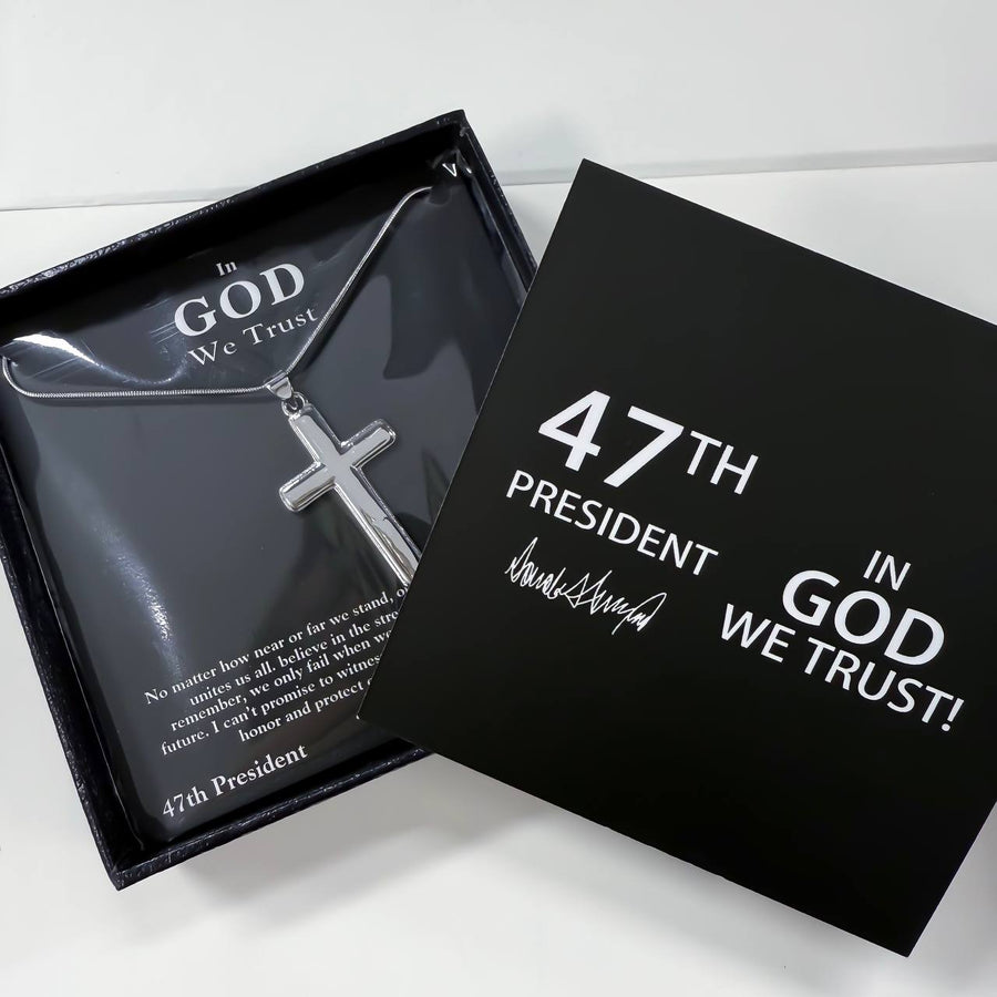 47th President In God We Trust cross necklace in gift box with black card, packaging view