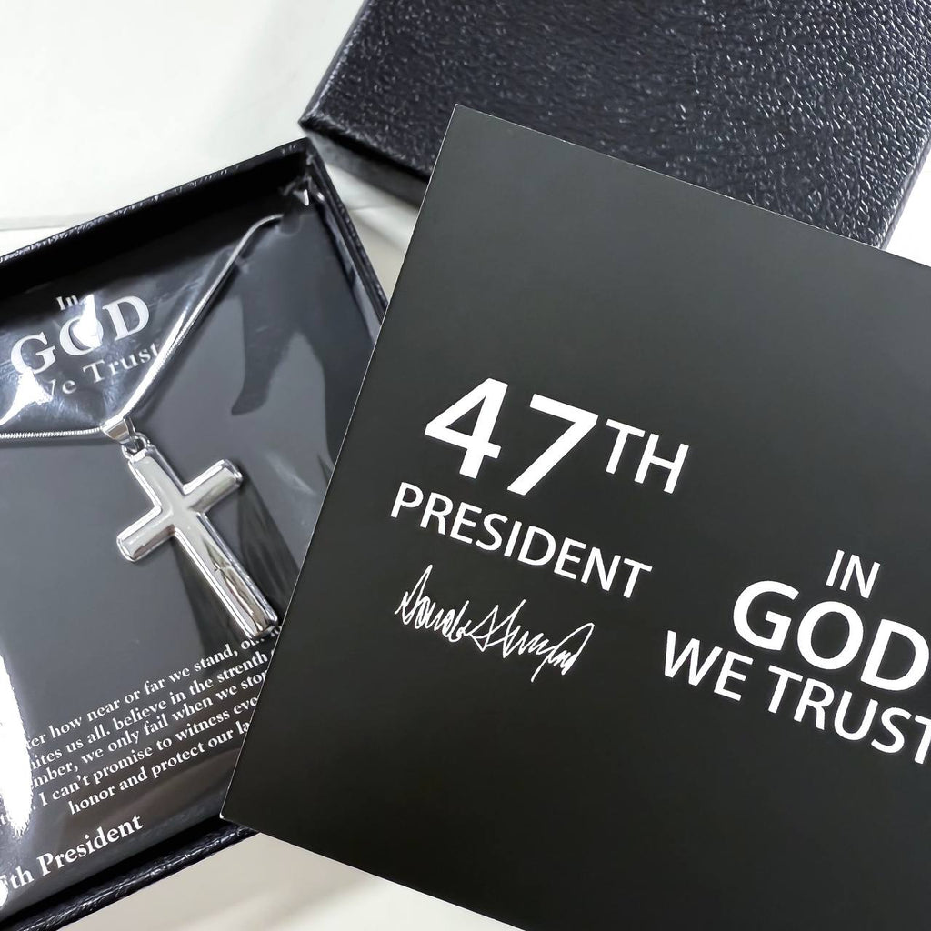 47th President In God We Trust silver cross necklace in open gift box with signature card