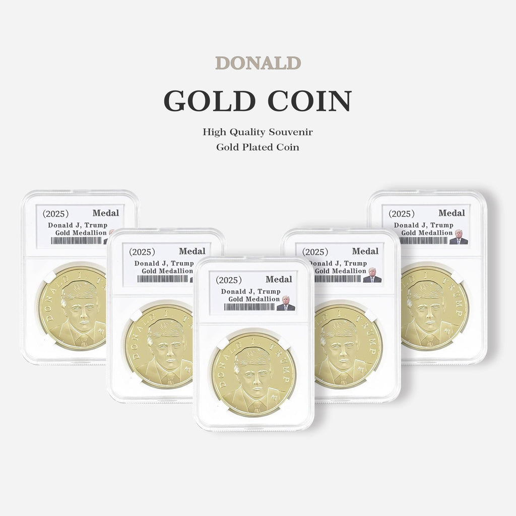 Donald J. Trump gold coin displayed on building facade with columns