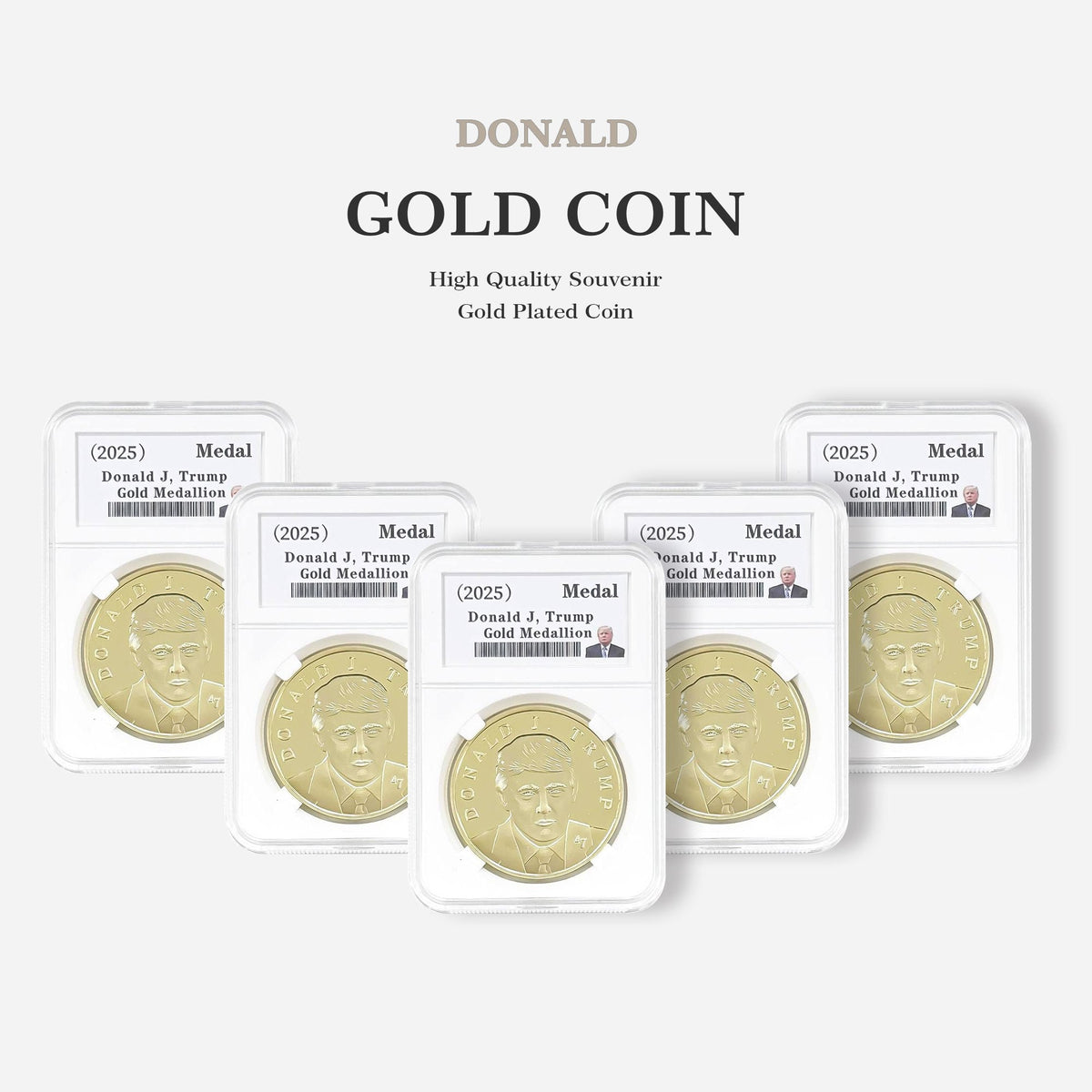 Donald J. Trump gold coin displayed on building facade with columns