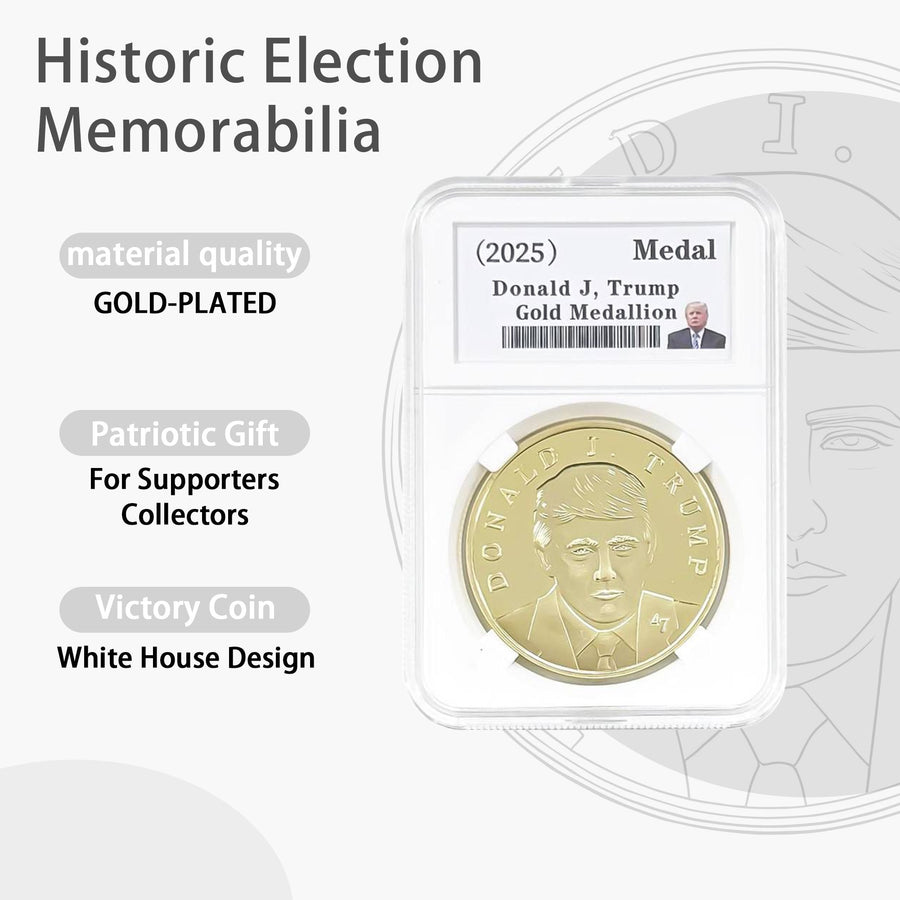 Historic Election Memorabilia infographic, gold-plated Trump victory coin