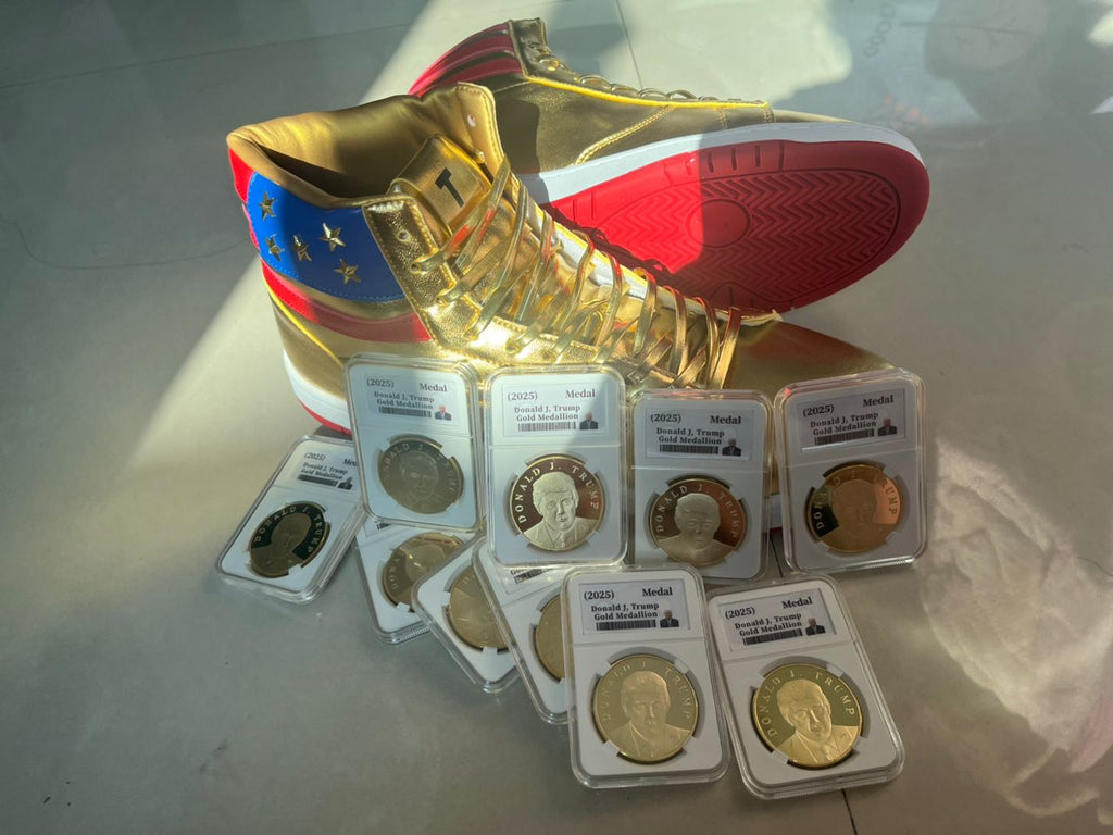 Gold Trump high top sneakers with ten encased 2025 gold Trump medallion coins