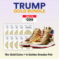 Trump Gold Bundle promo: 10 gold Trump coins and a pair of gold Trump high top sneakers, $299