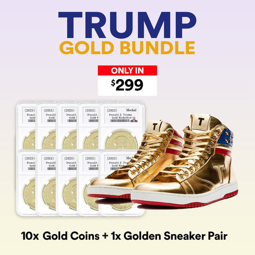 Trump Gold Bundle promo: 10 gold Trump coins and a pair of gold Trump high top sneakers, $299