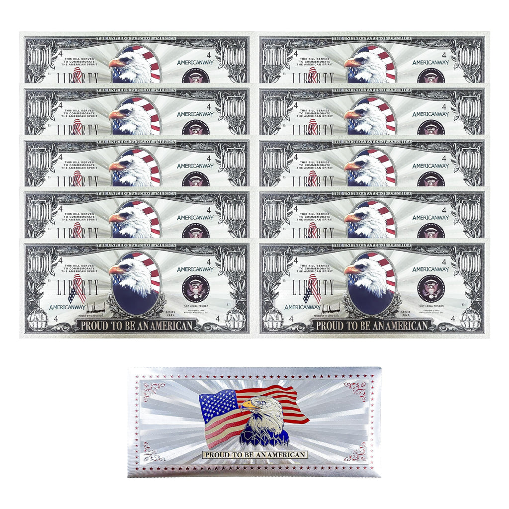 Ten Liberty Silver Eagle collectible bills with eagle and flag design and protective sleeve