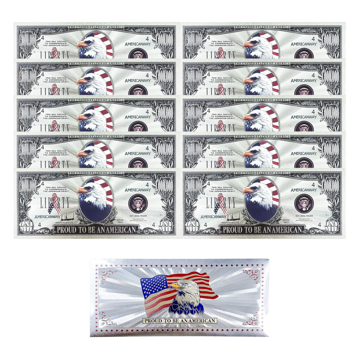 Ten Liberty Silver Eagle collectible bills with eagle and flag design and protective sleeve