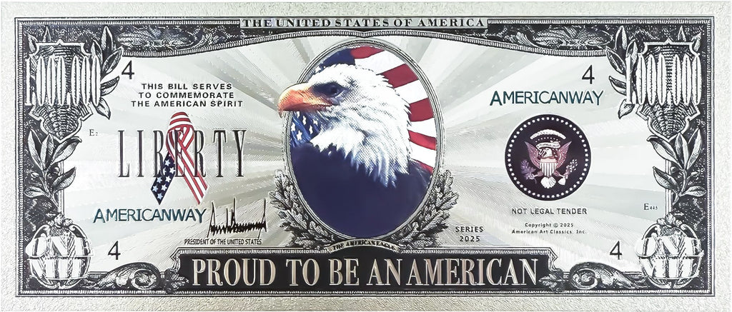 Front of Liberty Silver Eagle bill with bald eagle, flag and Proud To Be An American