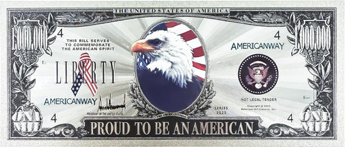 Front of Liberty Silver Eagle bill with bald eagle, flag and Proud To Be An American