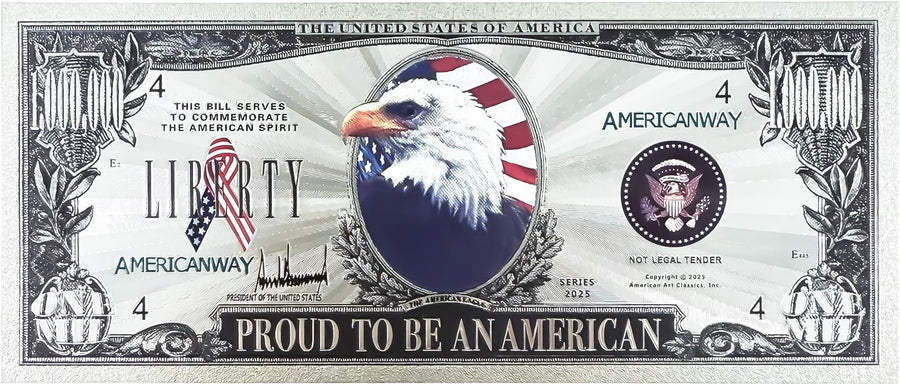 Front of Liberty Silver Eagle bill with bald eagle, flag and Proud To Be An American