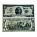 Trump two dollar bill front with Trump portrait and back with Declaration of Independence scene