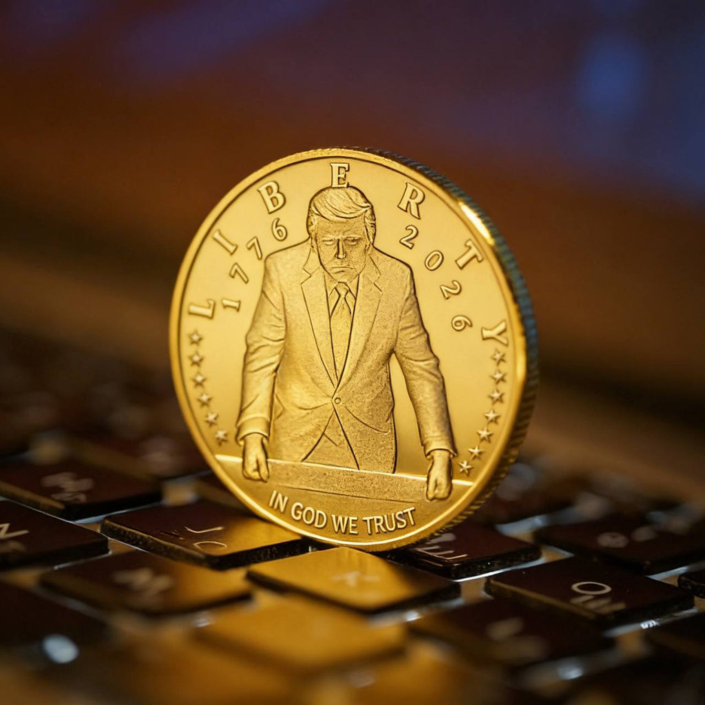 Gold Trump 2026 coin front with standing Trump, Liberty, 1776-2026 and In God We Trust