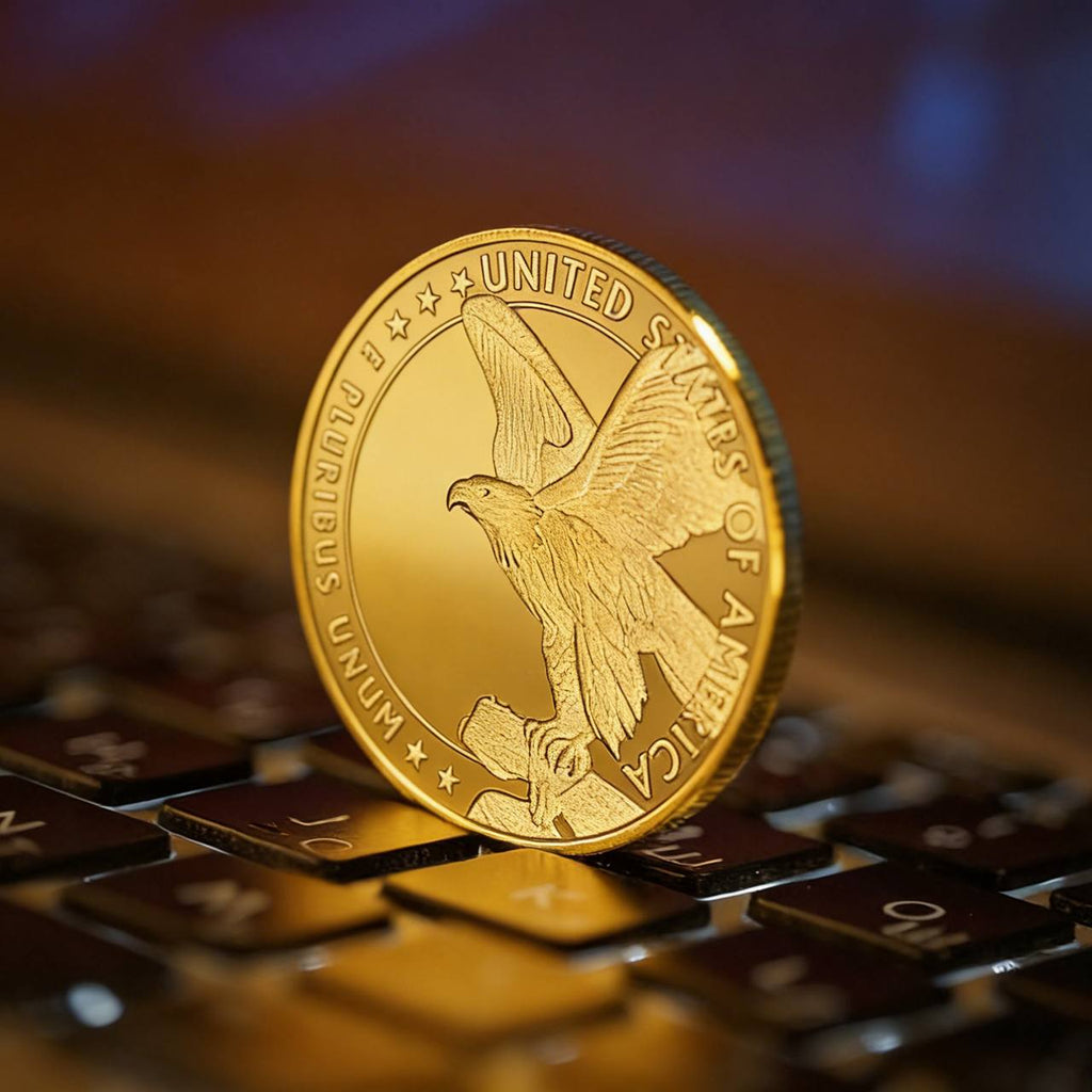 Gold Trump 2026 coin reverse showing American eagle and United States of America, on keyboard