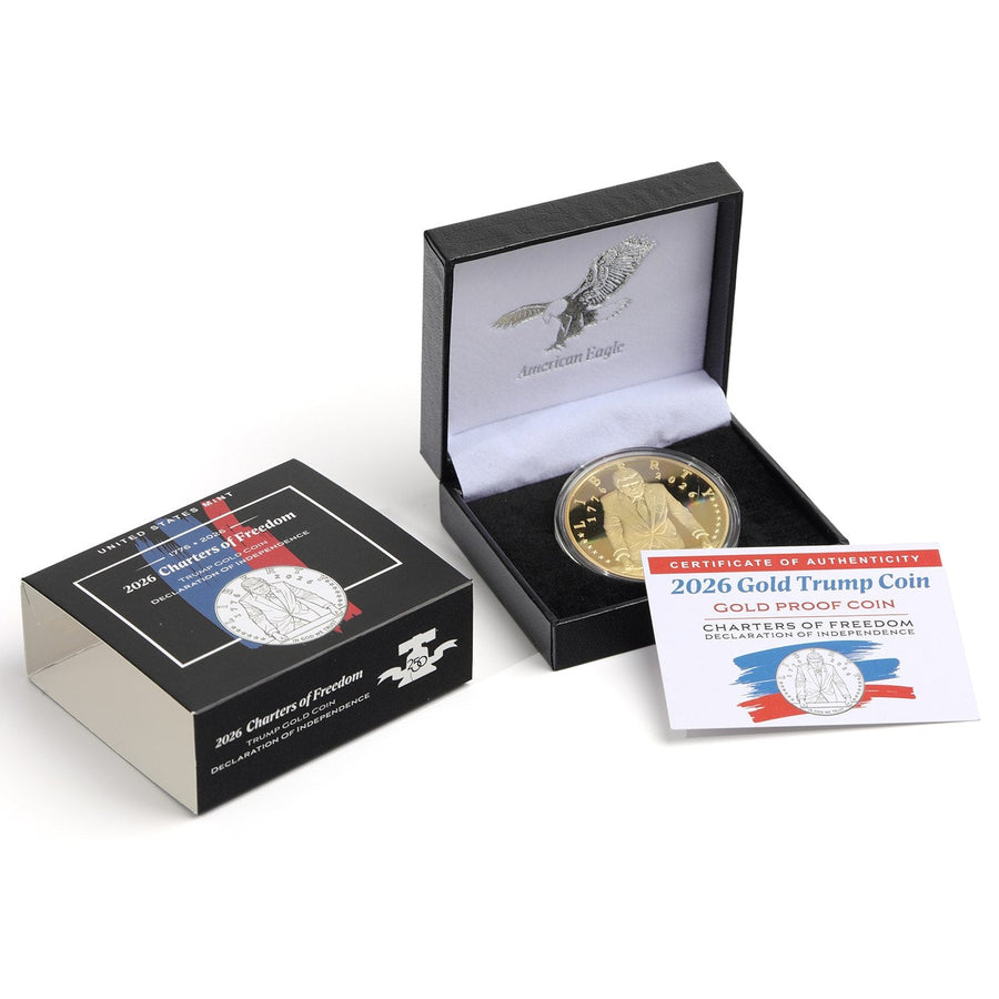 Gold Trump 2026 coin in black box with Charters of Freedom carton and certificate card