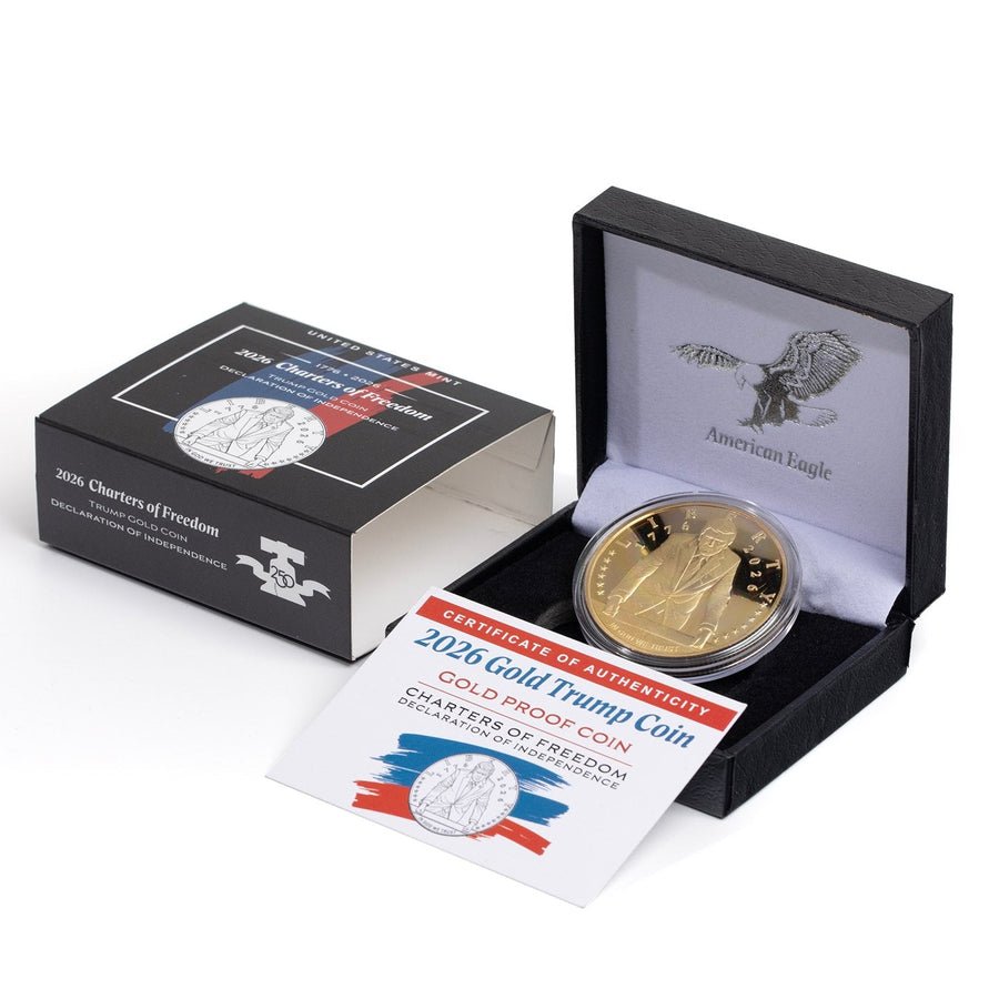 2026 Gold Trump Coin with black box, Charters of Freedom carton and certificate of authenticity