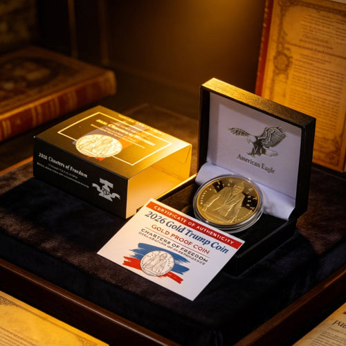 2026 Gold Trump Coin in black box with Charters of Freedom packaging and certificate of authenticity