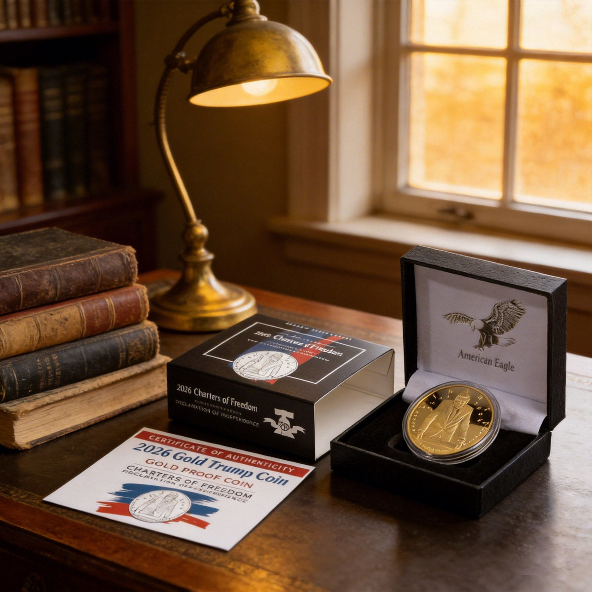 2026 Gold Trump Coin in display box beside Charters of Freedom carton and certificate on desk