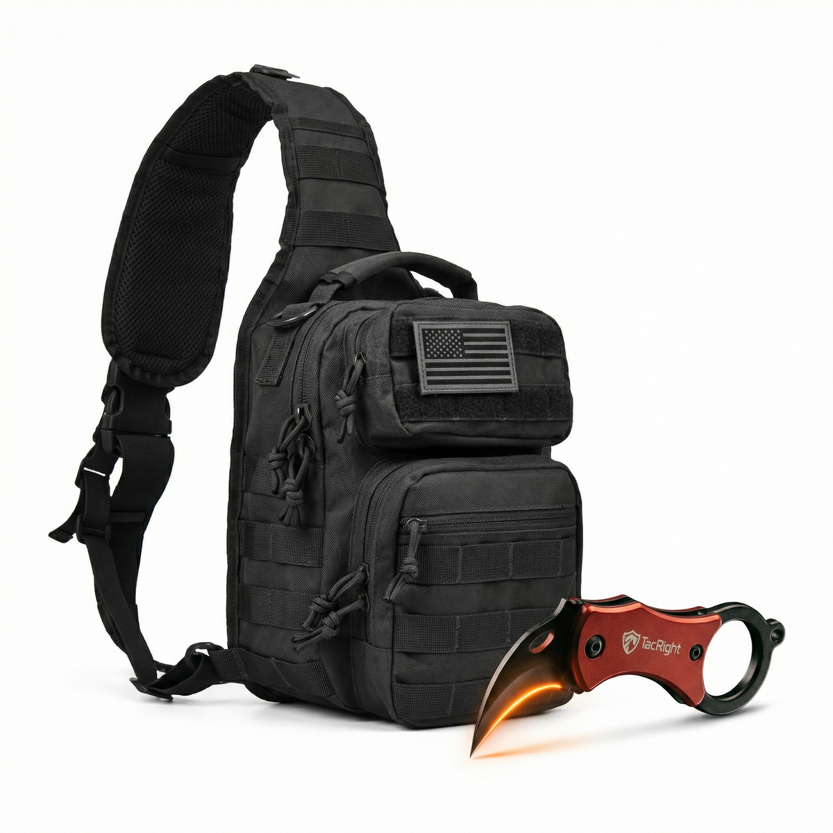 Black tactical military shoulder sling bag with US flag patch beside a red TacRight StrikePocket knife