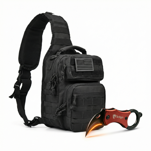 Black tactical military shoulder sling bag with US flag patch beside a red TacRight StrikePocket knife