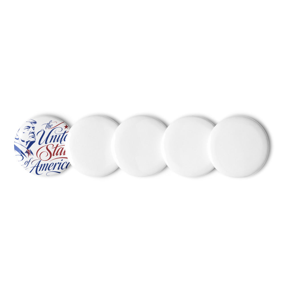 MAGA set of 1.25 inch pin buttons, one showing Trump United States of America design with blanks