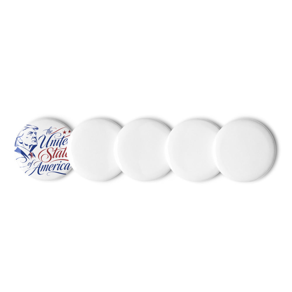 MAGA set of 2.25 inch pin buttons, one showing Trump United States of America design with blanks