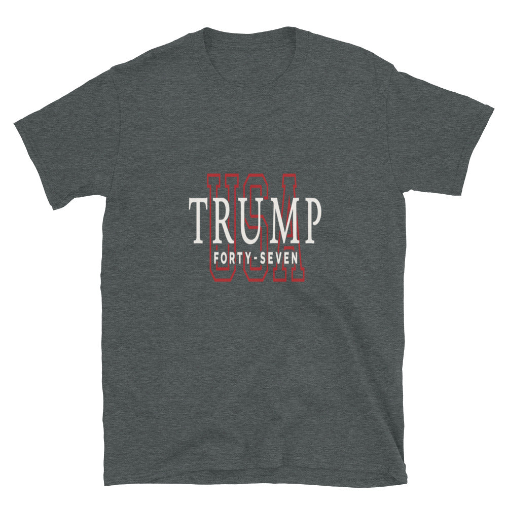 Dark heather gray Forty-Seven unisex t-shirt with 'Trump Forty-Seven' and red USA print, front view